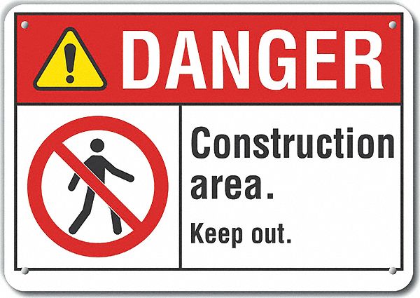 Reflective  Construction Area Danger Sign: Aluminum, Mounting Holes Sign Mounting, Engineer Grade
