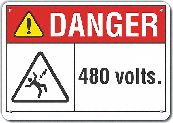 Reflective  Voltage Danger Sign: Aluminum, Mounting Holes Sign Mounting, Engineer Grade, 480 Volts