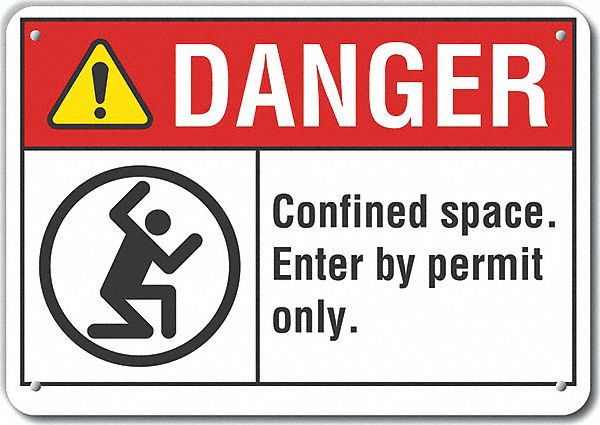 Reflective  Confined Space Danger Sign: Aluminum, Mounting Holes Sign Mounting, Engineer Grade