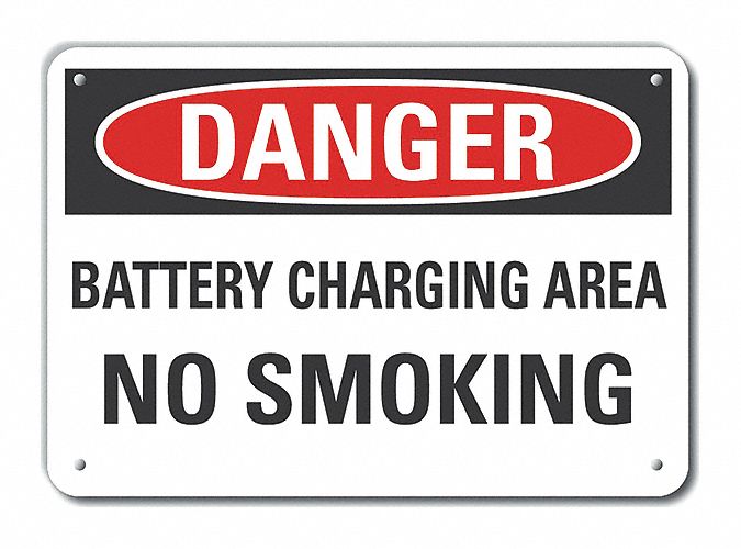 Plastic Battery Charging Danger Sign: Plastic, Mounting Holes Sign Mounting, Not Retroreflective