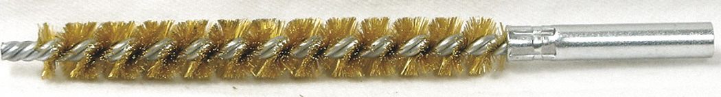 Tube Brush: 12-24 Female, 1/2 in Overall Dia, 4 in Brush Lg, Single Spiral, Double Stem, Brass
