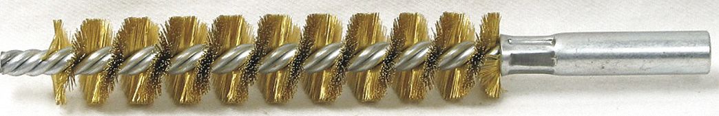 Tube Brush: 12-24 Female, 3/4 in Overall Dia, 4 in Brush Lg, Single Spiral, Double Stem, Brass