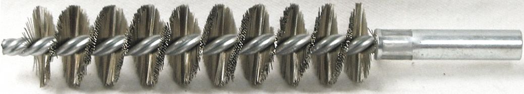 Tube Brush: 12-24 Female, 1 in Overall Dia, 4 in Brush Lg, Single Spiral, Double Stem