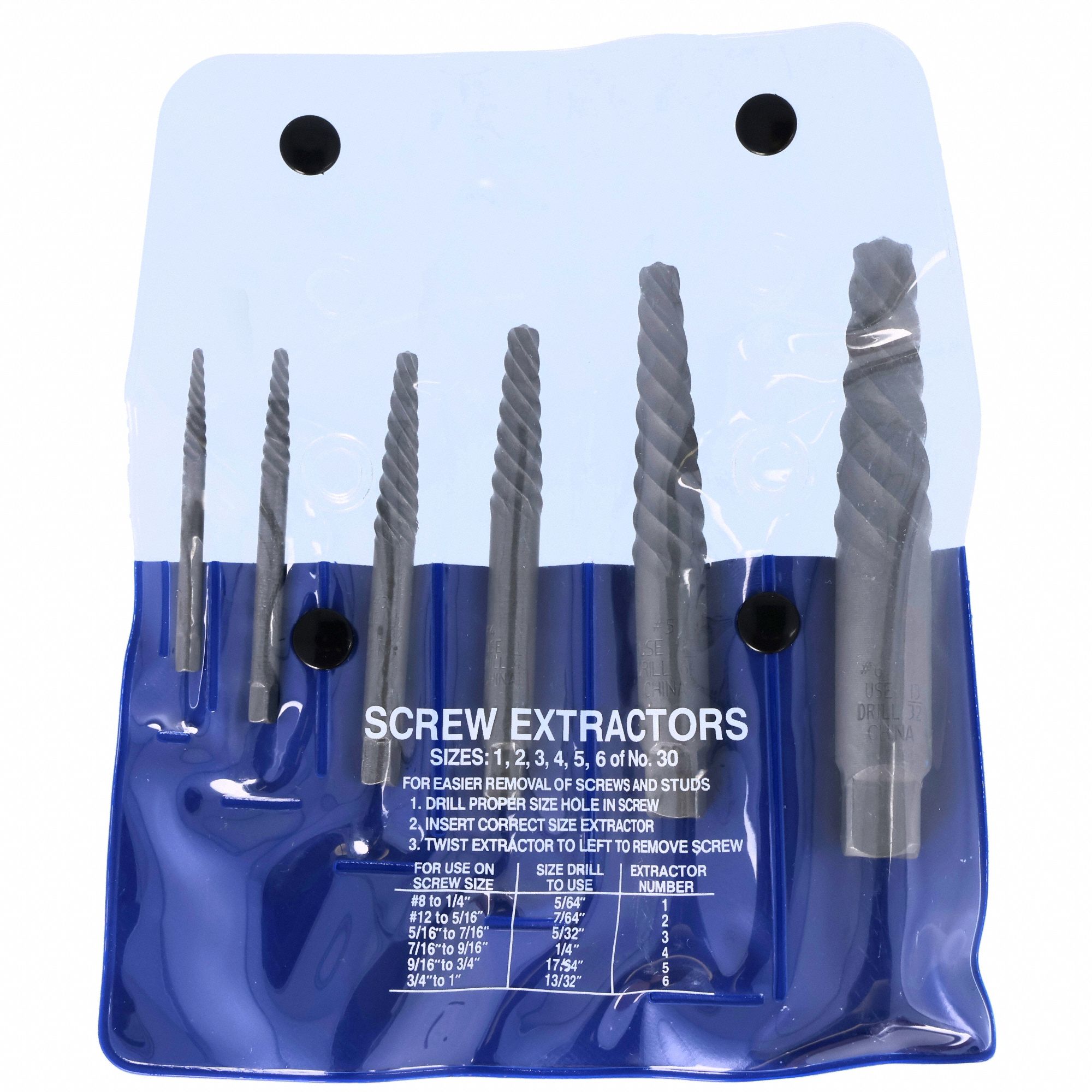 Screw Extractor Set: 6 Pc, Spiral Flute, Size #1/#2/#3/#4/#5/#6