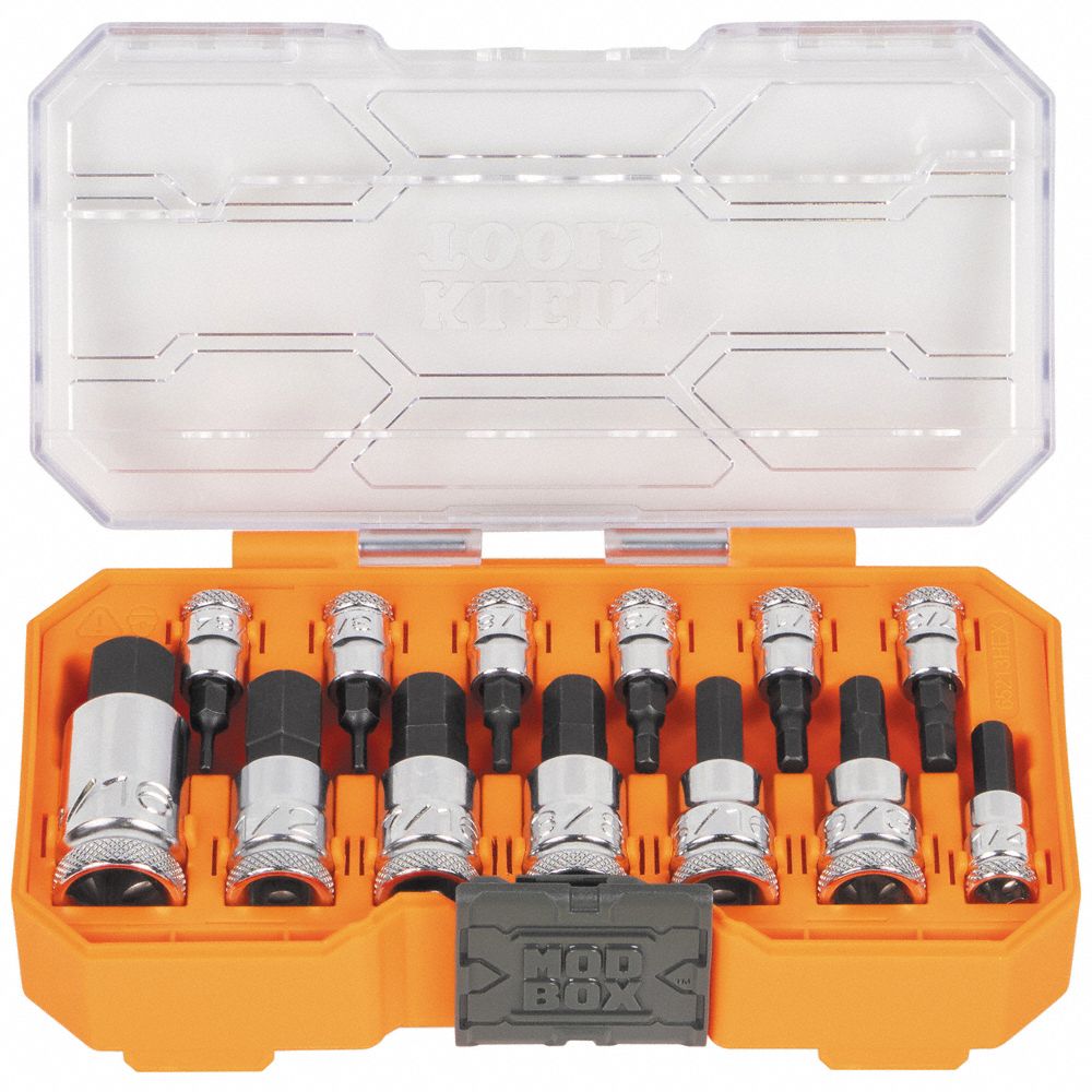 KLEIN TOOLS: SAE, 1/4 in, 3/8 in, 1/2 in Drive Size, 13 Pieces, Fixed Insert, Hex Tip
