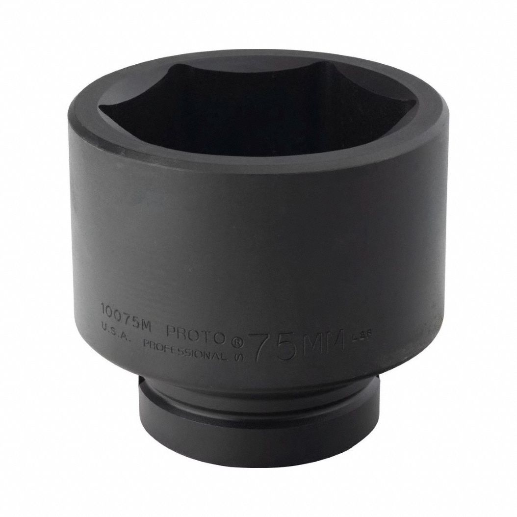 Impact Socket: 1 in Drive Size, Metric, 75 mm Socket Size, 6-Point, Std, 3 3/4 in Overall Lg