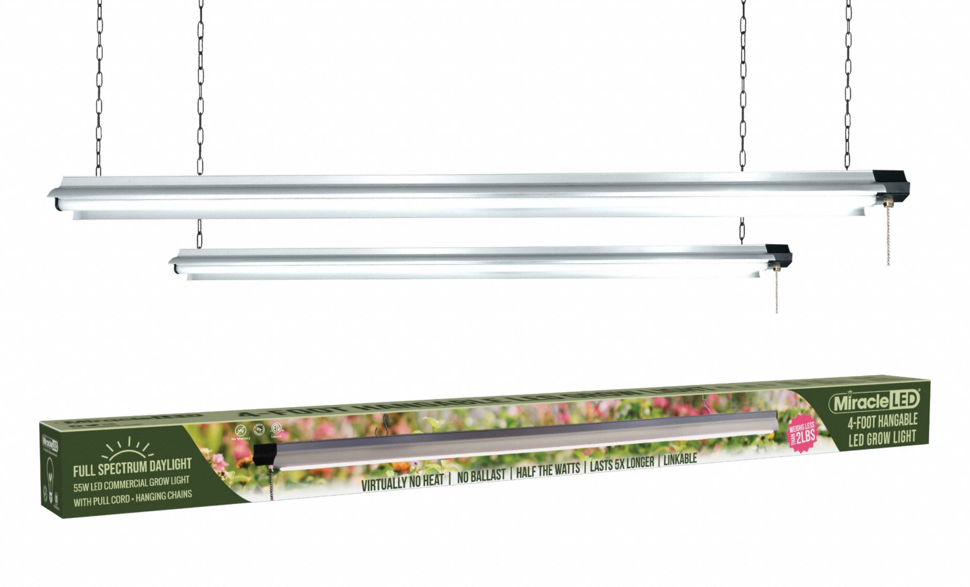 Grow Light Fixture: For Bulb Type Integrated LED, 120V AC, LED, Linkable, 3 ft Max Mounting Ht, 55 W