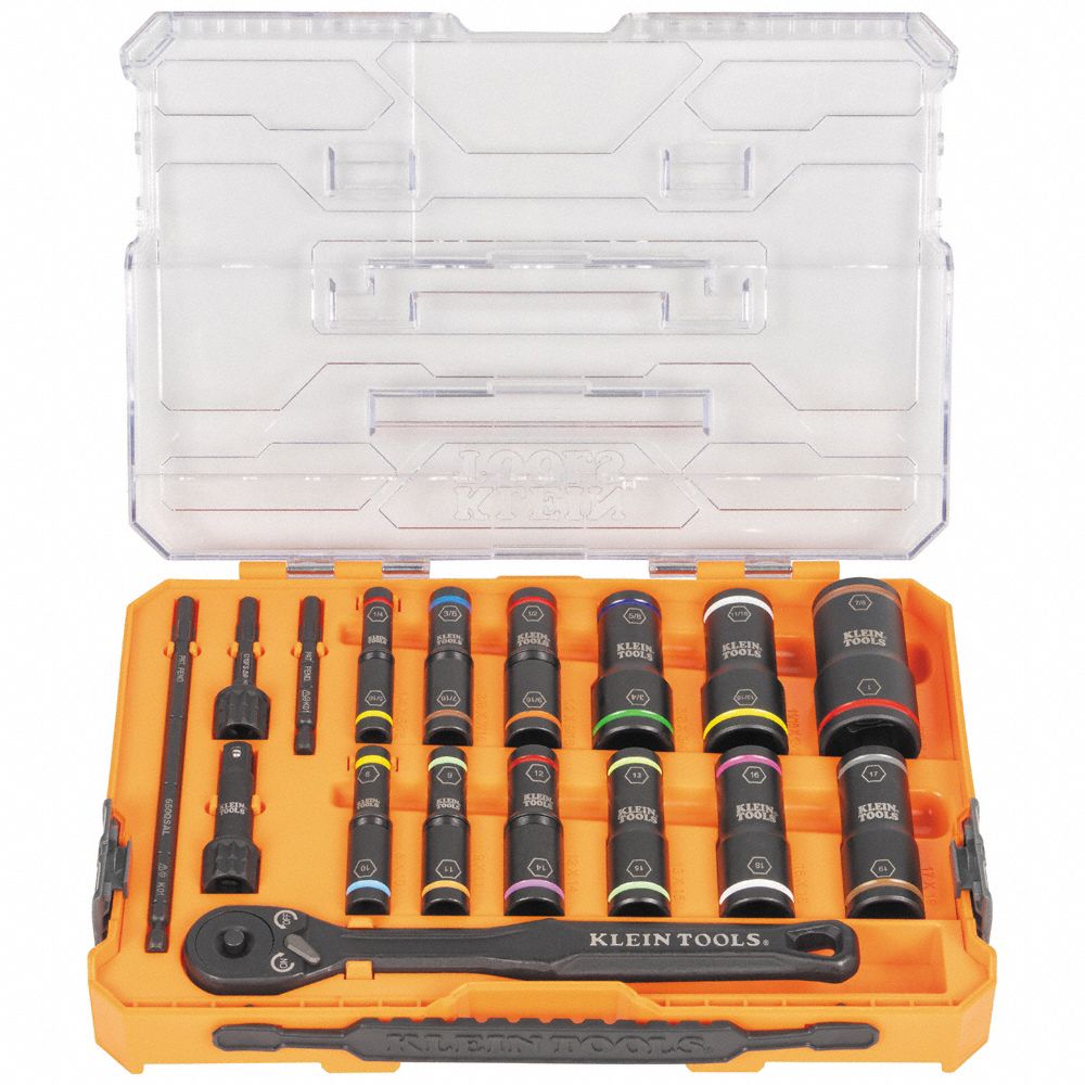 KLEIN TOOLS: 1/4 in, 3/8 in Drive Size, 1/4 to 1 in/8 to 19 mm Socket Size, 18 Pieces, (12) 6-Point