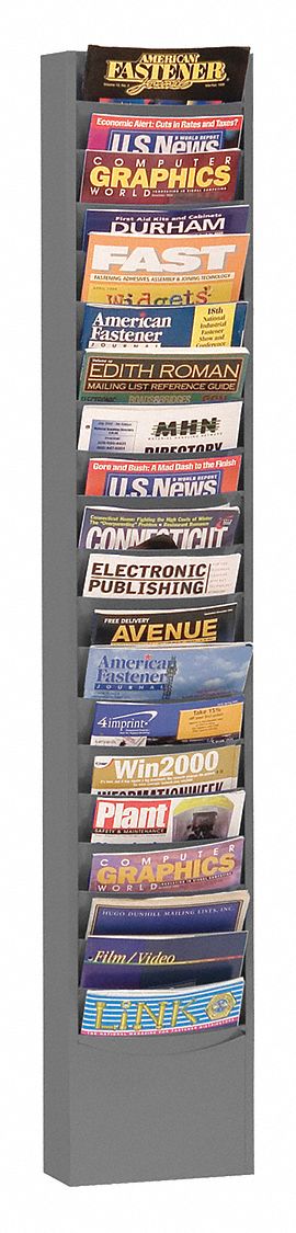 Literature Rack: 20 Compartments, Gray, Steel, 58 in Overall Ht, 4 1/8 in Overall Dp