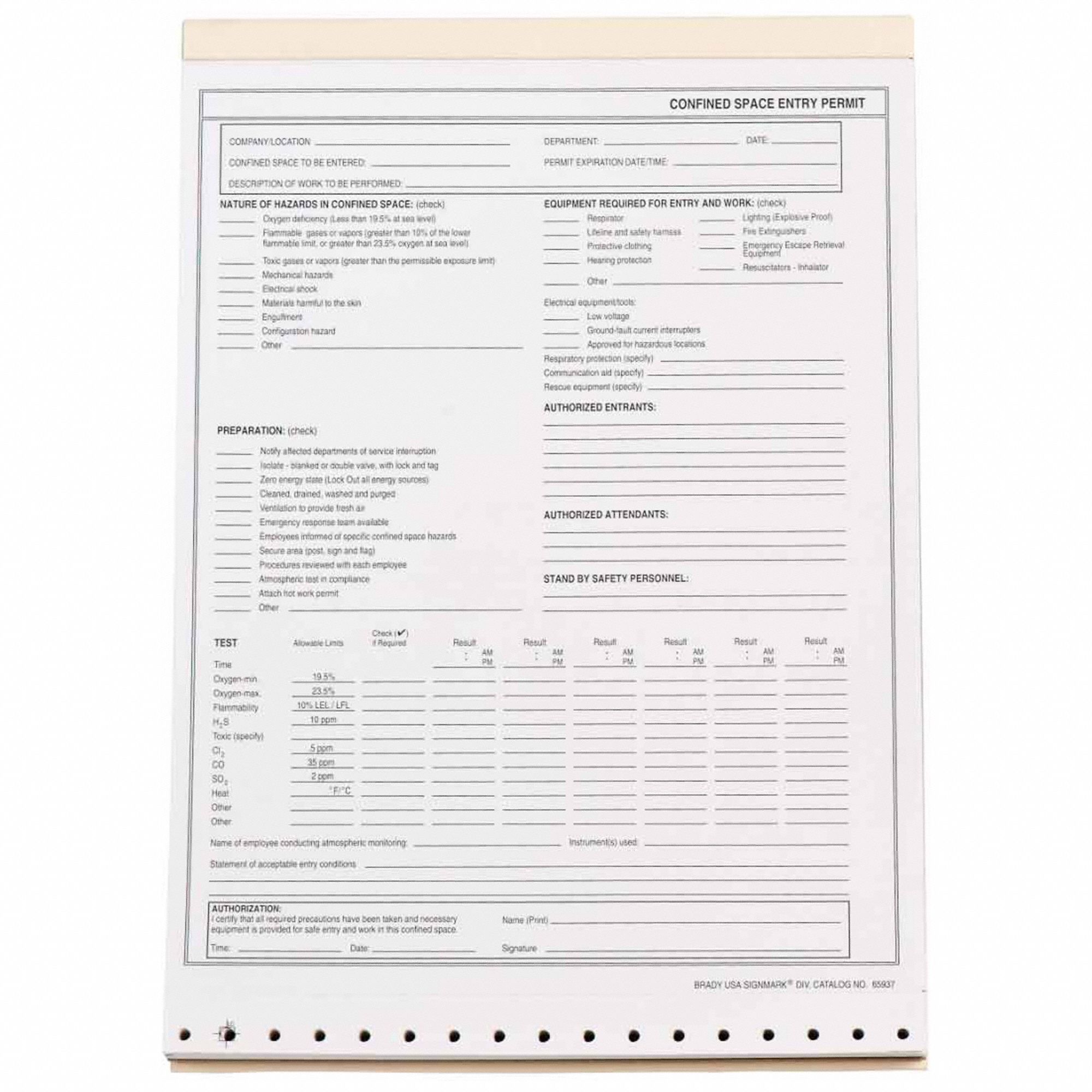 Brady, 8 1 2 In X 11 In, Black White, Confined Space Entry Permit 