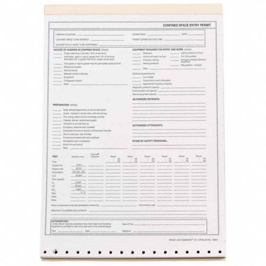 BRADY, 8 1/2 in x 11 in, Black/White, Confined Space Entry Permit ...