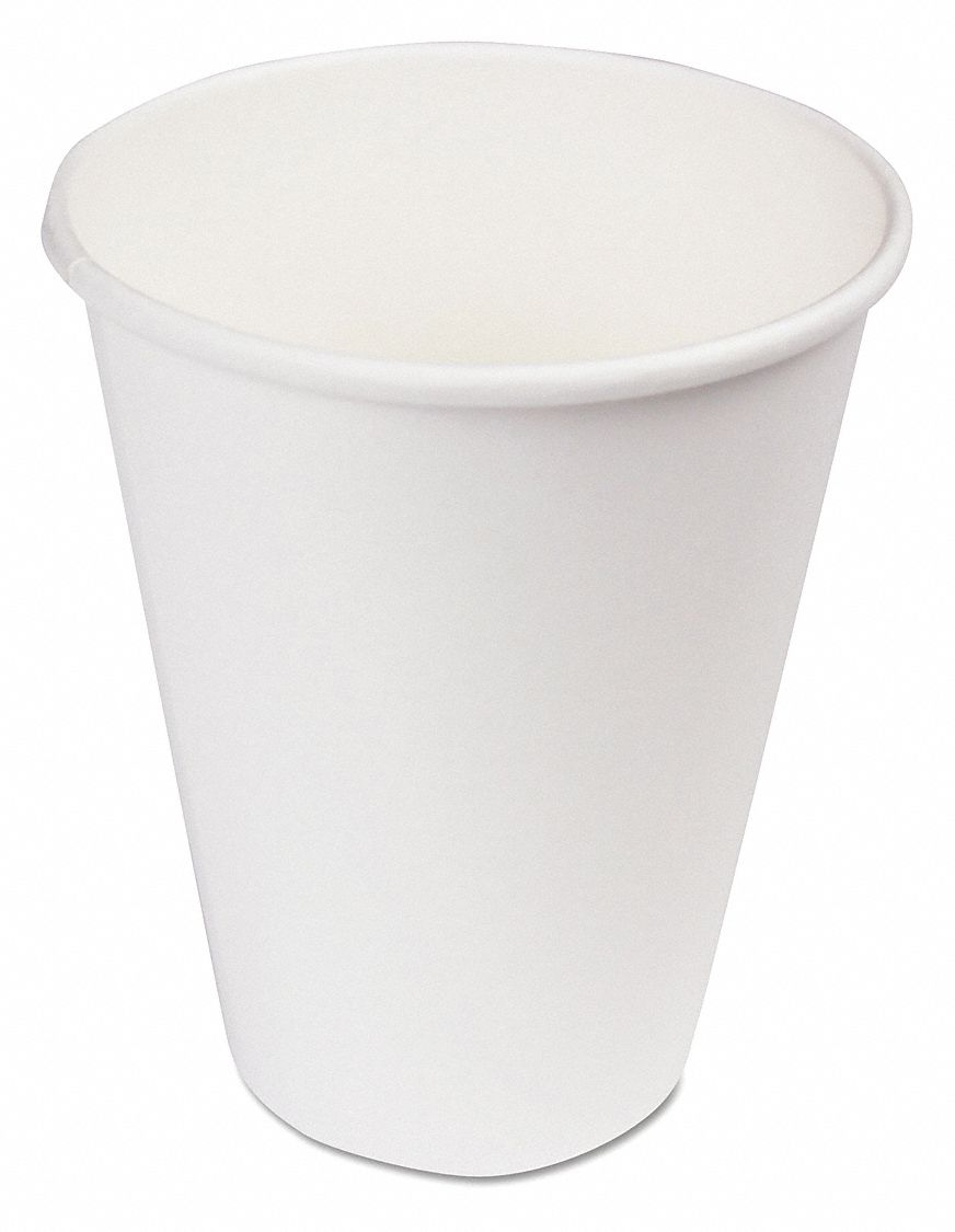 Disposable Hot Cup: 12 oz Capacity, White, Paper, Unwrapped, Patternless, 1,000 PK