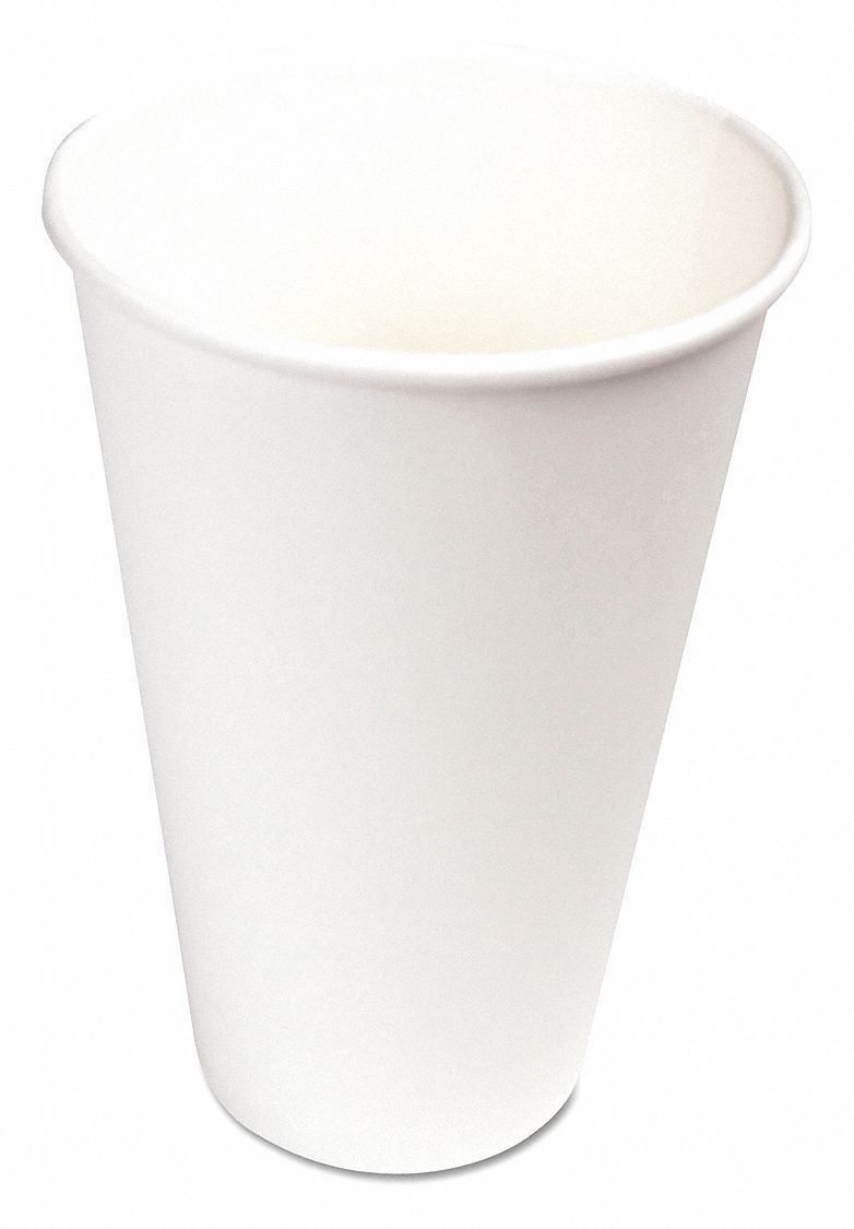 Disposable Hot Cup: 16 oz Capacity, White, Paper, Unwrapped, Patternless, 1,000 PK