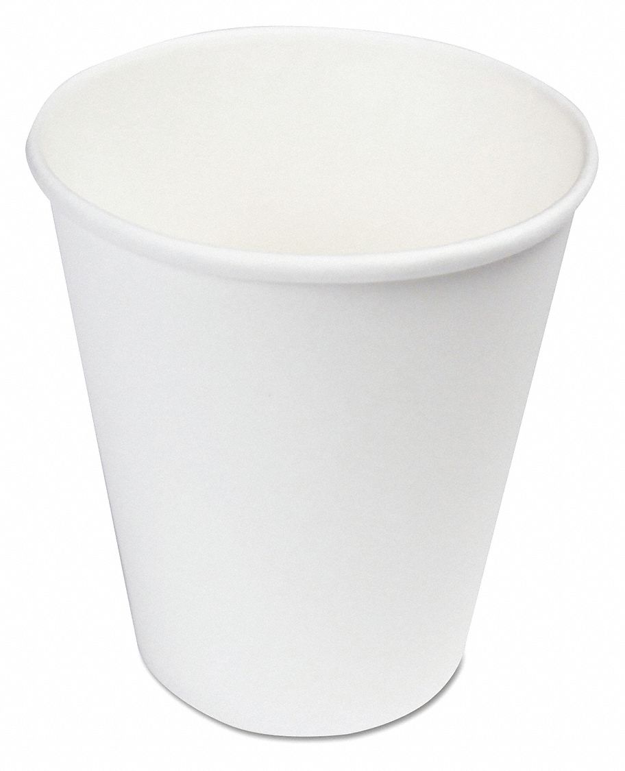Disposable Hot Cup: 8 oz Capacity, White, Paper, Unwrapped, Patternless, 1,000 PK