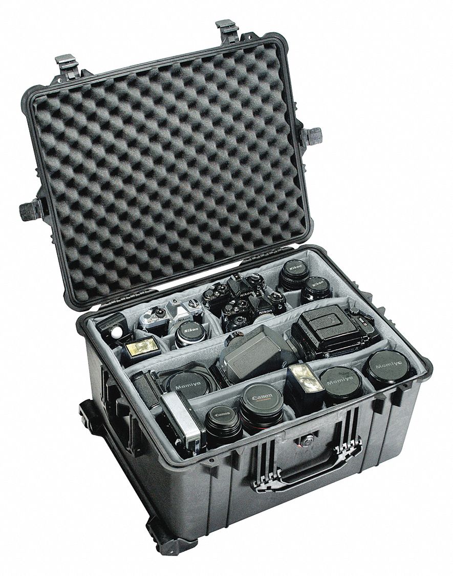 Protective Case: 16 3/8 in x 21 1/2 in x 12 1/2 in Inside, Dividers, Black, Mobile, 21 lb Wt