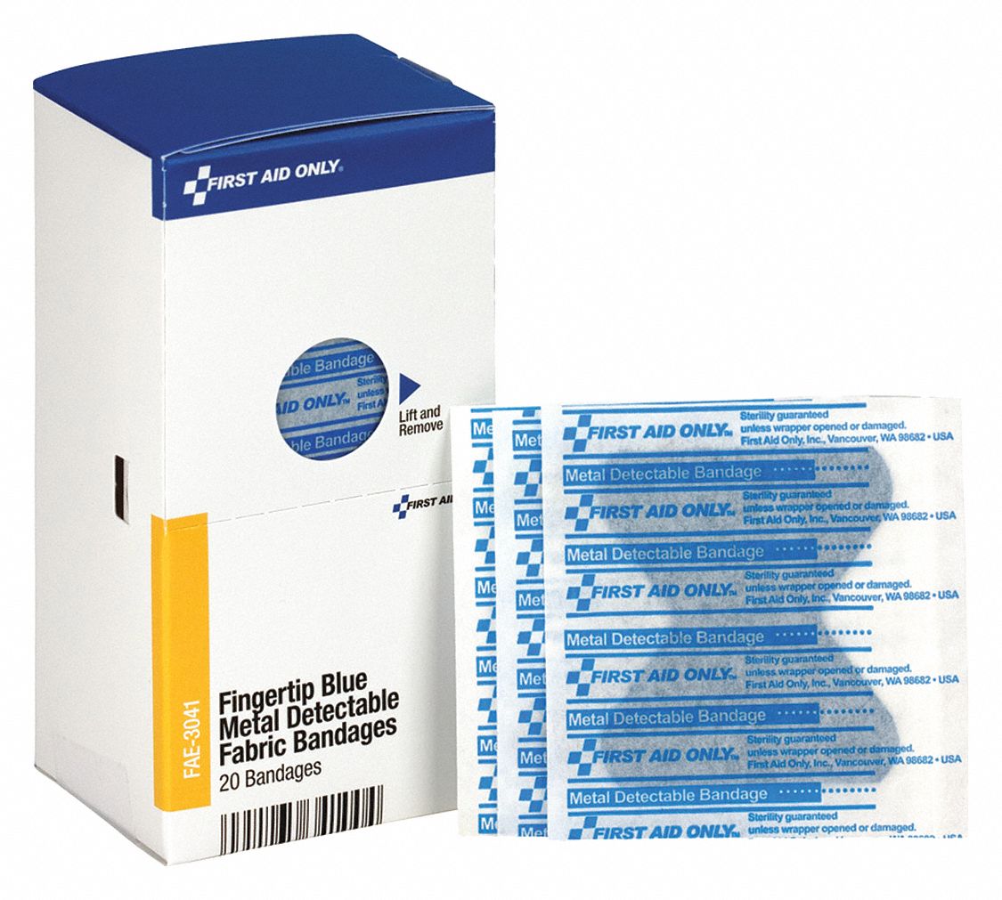 Adhesive Bandage: Fingertip Bandages, 1 7/8 in Wd, 2 7/8 in Lg, Metal Detectable