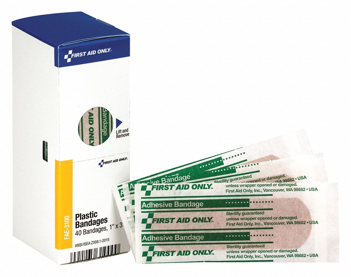 Adhesive Bandage: Strip Bandages, 1 in Wd, 3 in Lg, Plastic, Water Resistant, Strip
