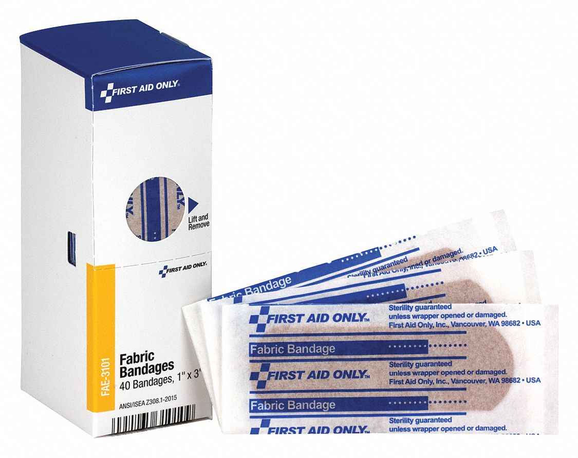 Adhesive Bandage: Strip Bandages, 1 in Wd, 3 in Lg, Fabric, Not Water Resistant