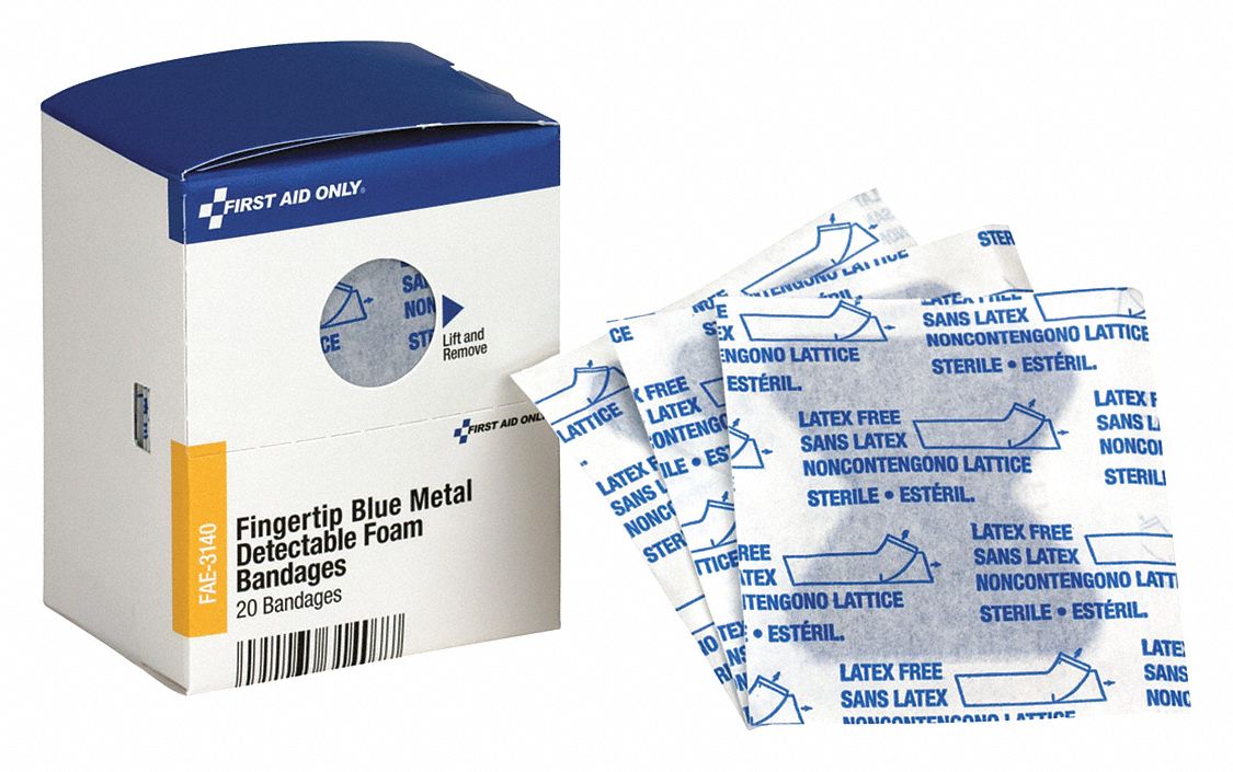 Adhesive Bandage: Fingertip Bandages, 1 7/8 in Wd, 2 7/8 in Lg, Metal Detectable