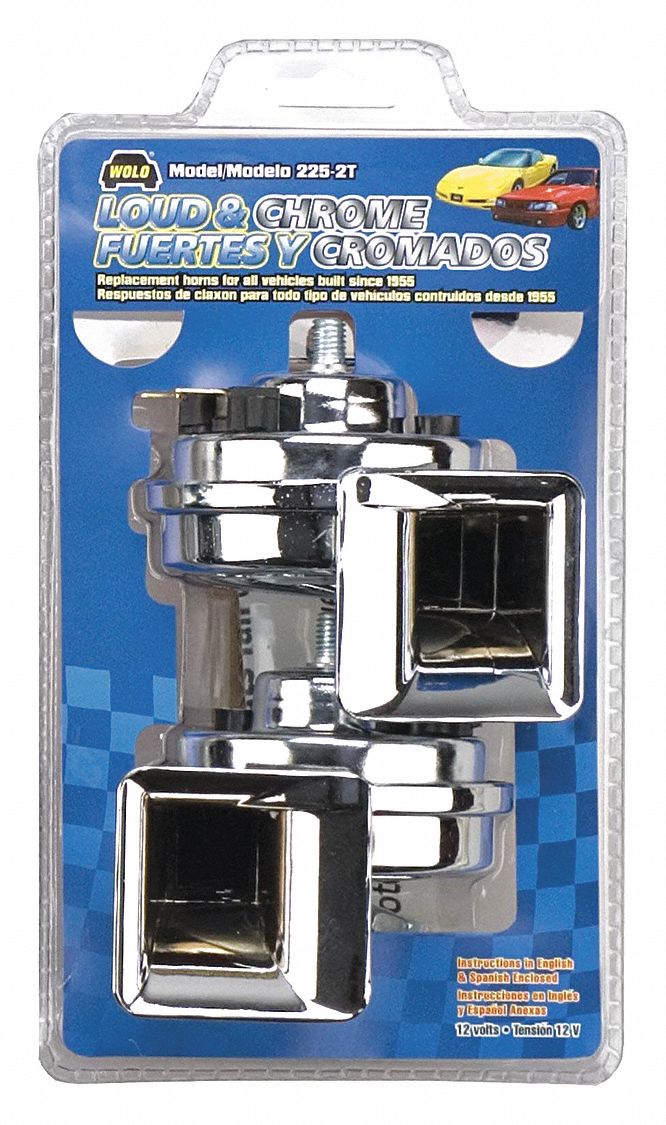 Electric Horn: 12V DC, High Tone/Low Tone, Electric, Silver, Chrome Plated, 3 1/2 in Lg (In.)