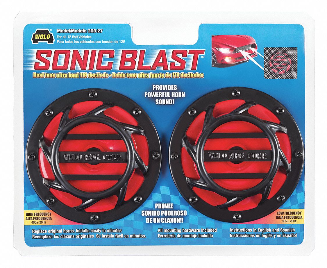 Electric Horn: 12V DC, High Tone/Low Tone, Electric, Red/Black, Painted, Disc Horn, 2 Horns