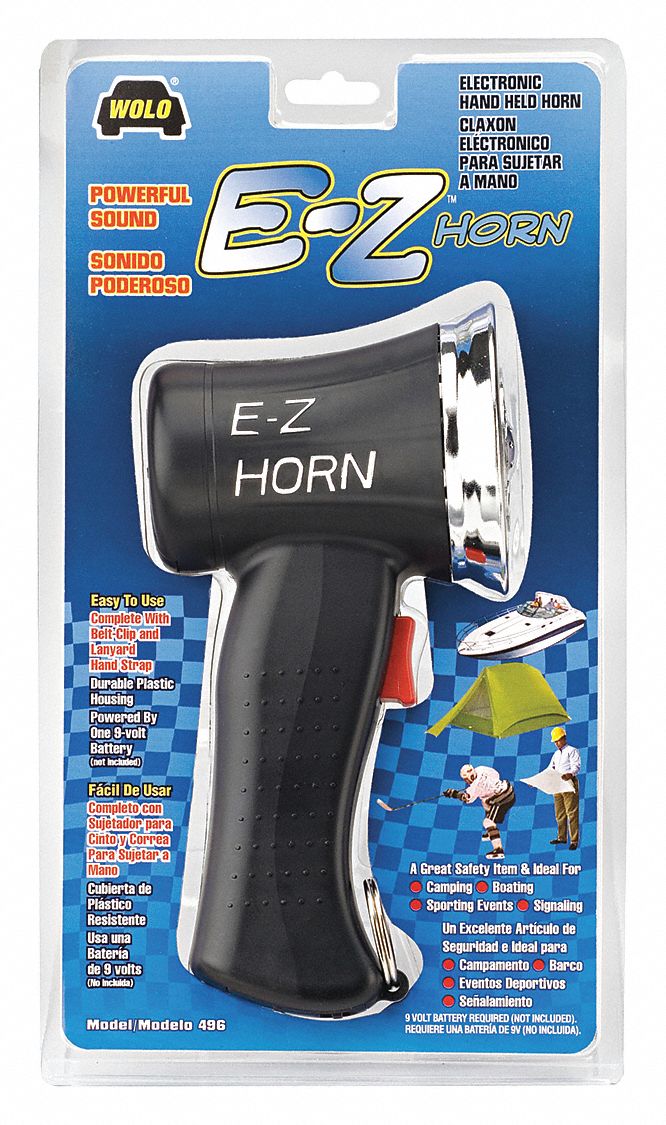 Battery Horn: 114 dB, Plastic, 8 in Lg, 7 in Ht, 3 1/4 in Wd