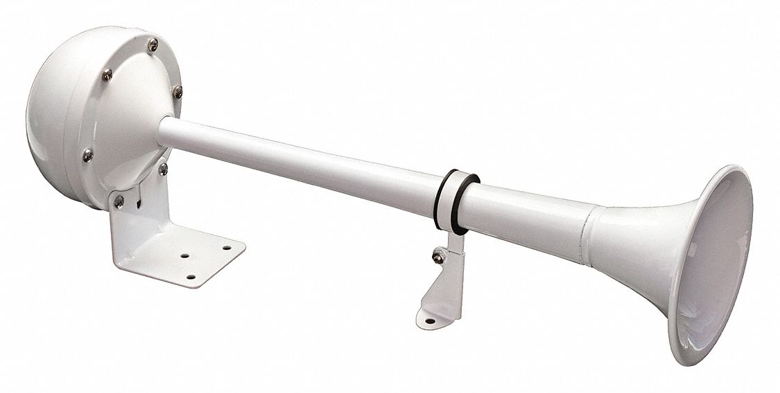 Electric Horn: 12V DC, Low Tone, Electric, White, Enamel/Painted, 115 dB Sound Level - Max