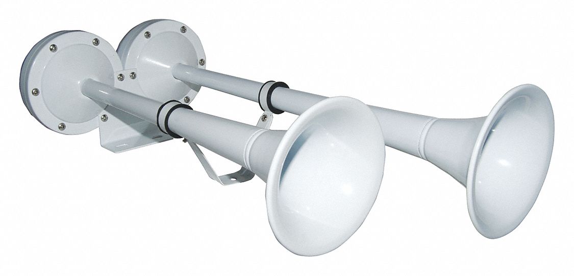 Electric Horn: 12V DC, High Tone/Low Tone, Electric, White, Painted, 114 dB Sound Level - Max