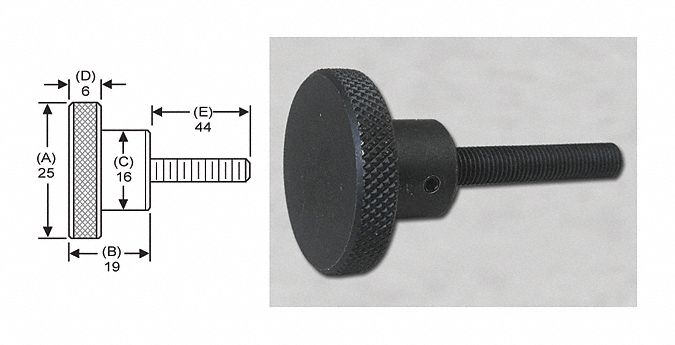 Knrl Knob Stud, M6, 25mm dia., 44mm, Steel