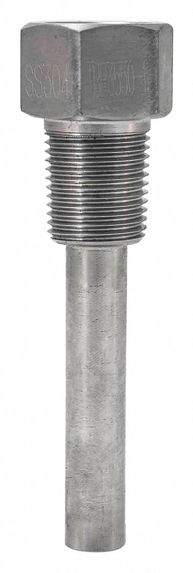 THREADED THERMOWELL, STRAIGHT SHANK, STAINLESS STEEL, FOR 4 IN STEM L, 2 1/2 IN INSERTION L, NPT, MALE