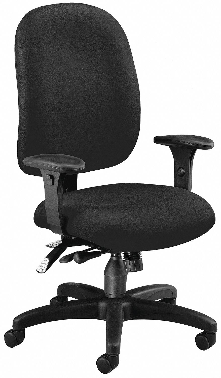 Task Chair: Adj Arm, Black, Fabric, 250 lb Wt Capacity, 19 in to 22 in Nom. Seat Ht. Range