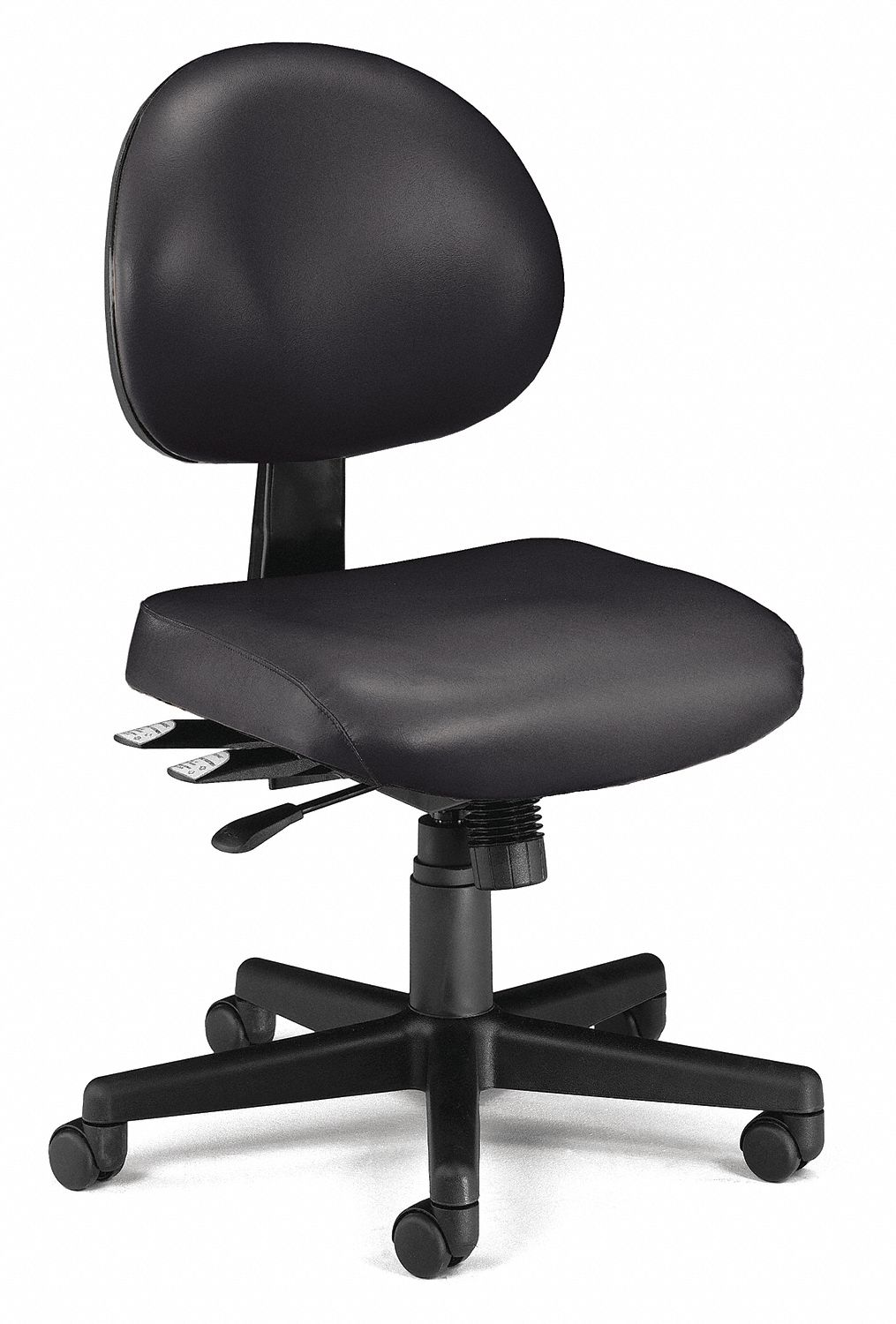 Task Chair: No Arm Arm, Black, Vinyl, 250 lb Wt Capacity, 19 in to 22 in Nom. Seat Ht. Range