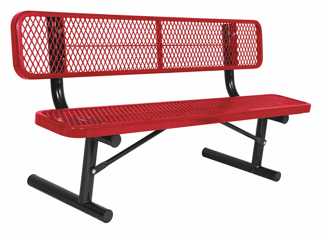 Outdoor Bench: Extra Heavy-Duty, 72 in Overall Lg, 35 1/8 in Overall Ht, Red, Black, Steel