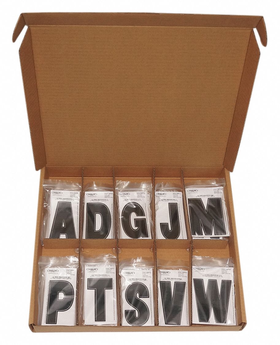 Letter Label Set: 3 in Character Ht, Indoor/Outdoor, Dyer, Black, A to Z, Die Cut, Uppercase, 350 PK