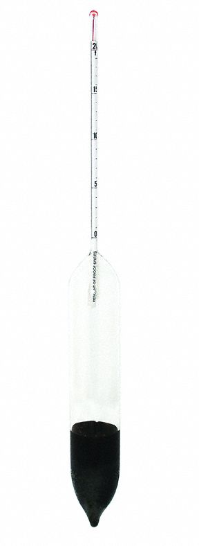 Alcoholometer: Alcohol Proof Plain Form, 0/20% Range, 0.2% Scale Divisions, Glass, +/-0.3% Accuracy