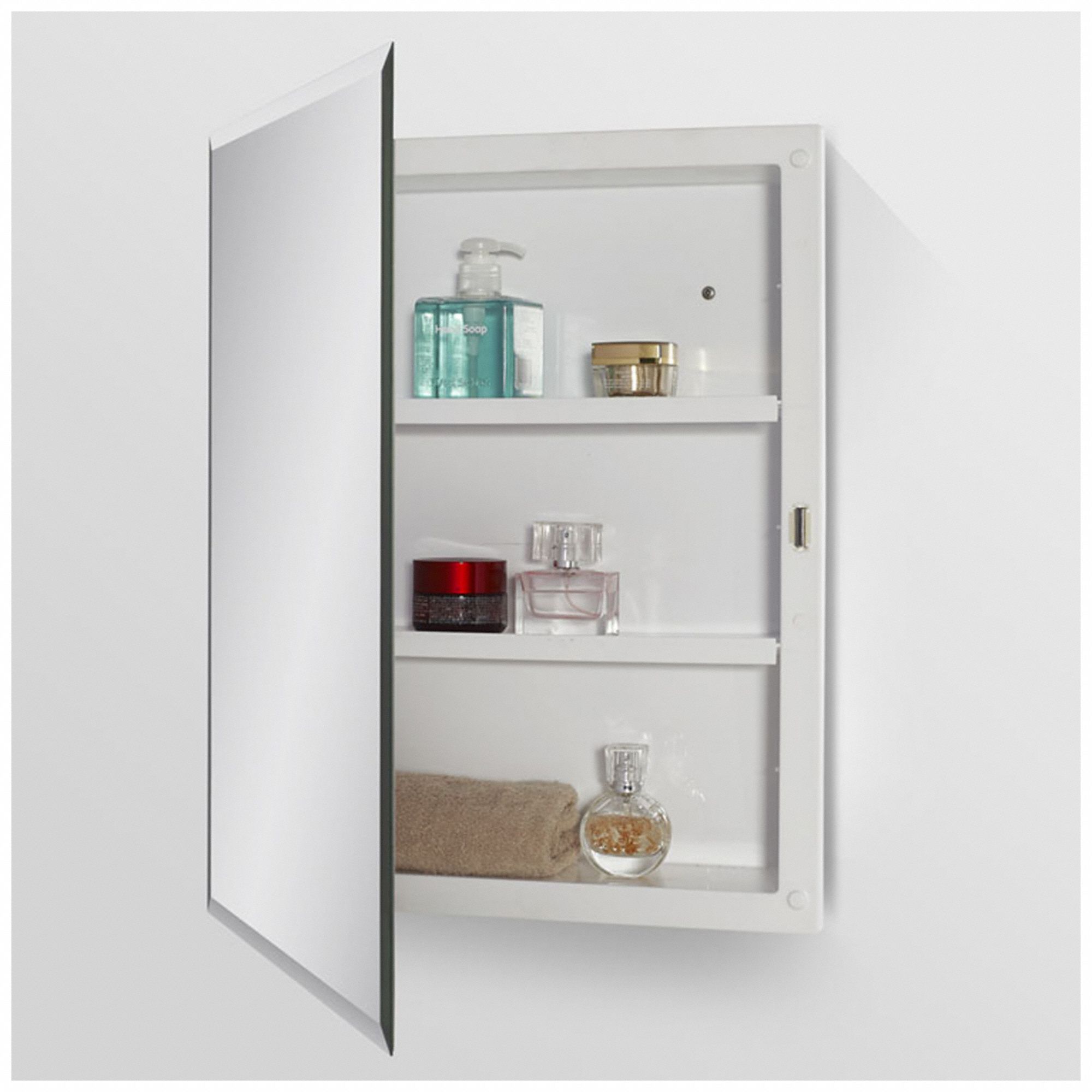 MEDICINE CABINET: RECTANGULAR, 20 IN X 16 IN X 3½ IN, GLASS, RUST RESISTANT