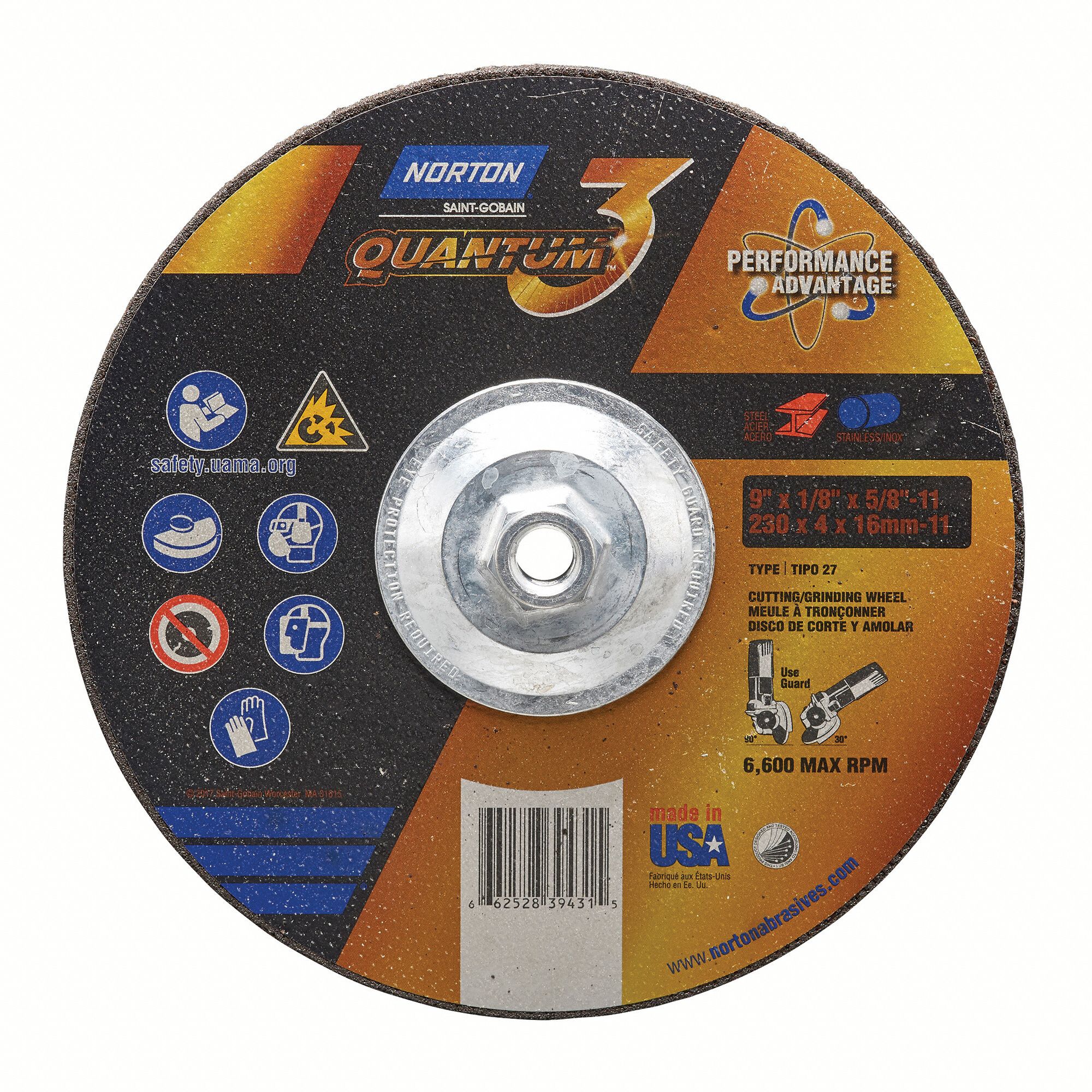 Depressed Center Wheel: Type 27, 9" x 1/8" x 5/8"-11, Ceramic, 24 Grit, Quantum 3 SG