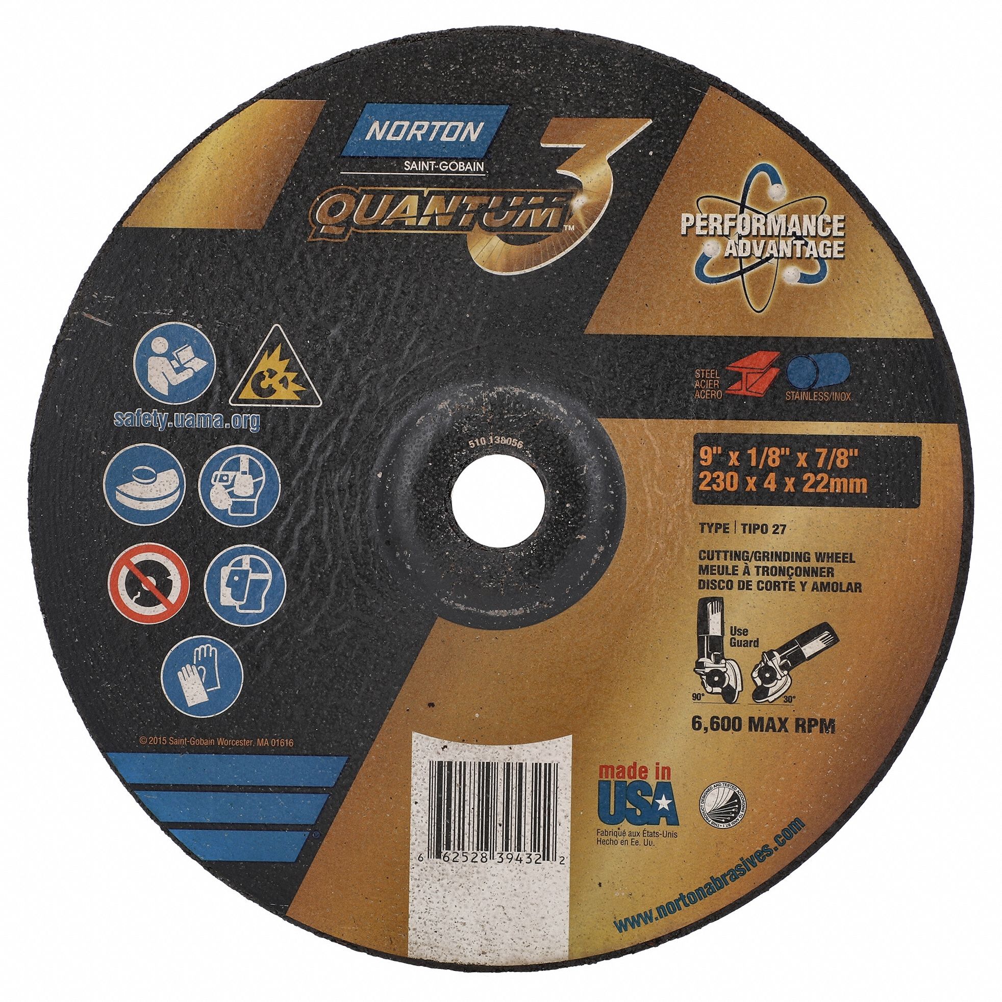 Depressed Center Wheel: Type 27, 9" x 1/8" x 7/8", Ceramic, 24 Grit, Quantum 3 SG