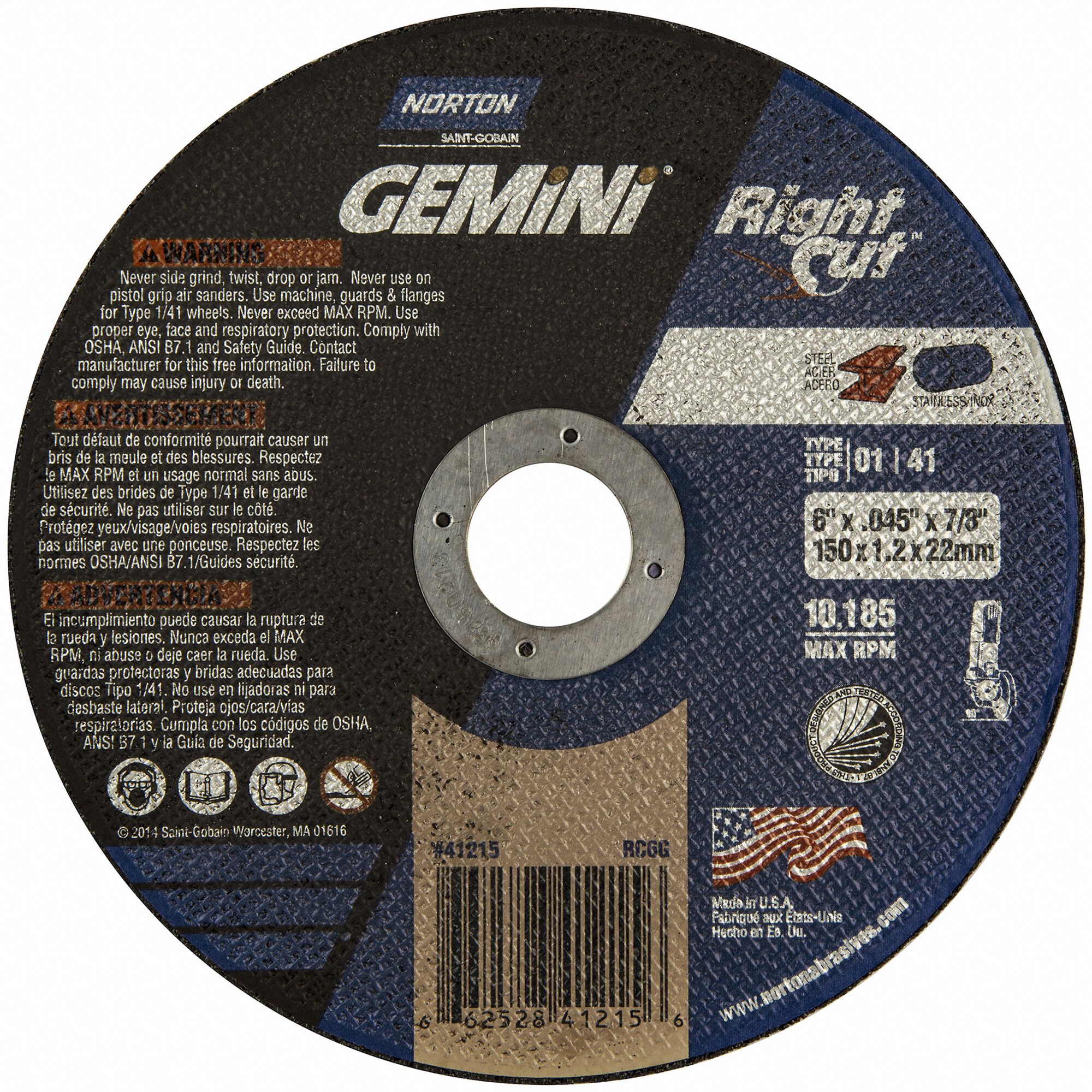 Cut-Off Wheel: Type 1, 6" x 0.045" x 7/8", Aluminum Oxide, 36 Grit, Gemini RightCut