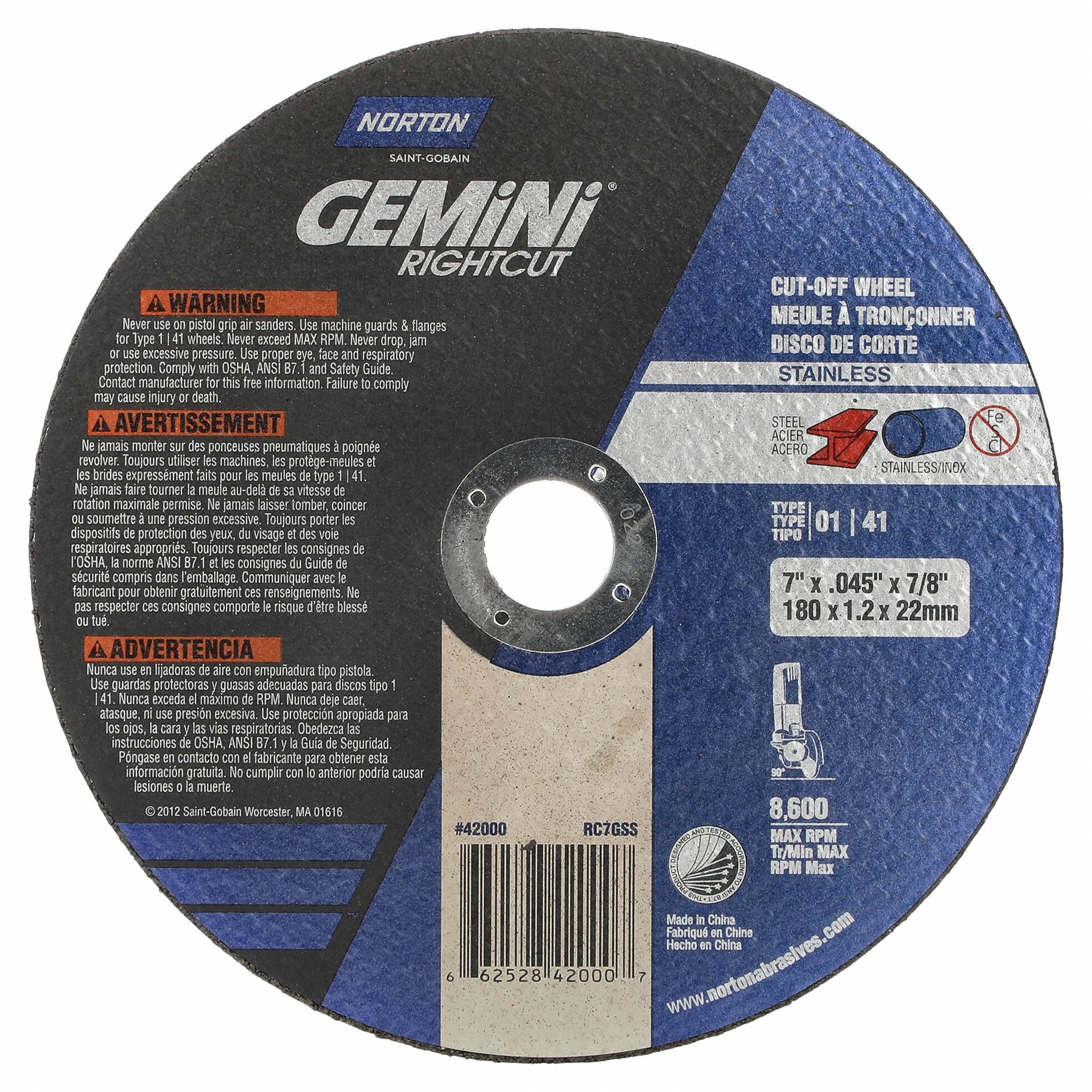 CUT-OFF WHEEL, TYPE 1, 7 IN X 0.045 IN X ⅞ IN, ALUMINUM OXIDE, 60 GRIT, GEMINI RIGHTCUT INOX/SS