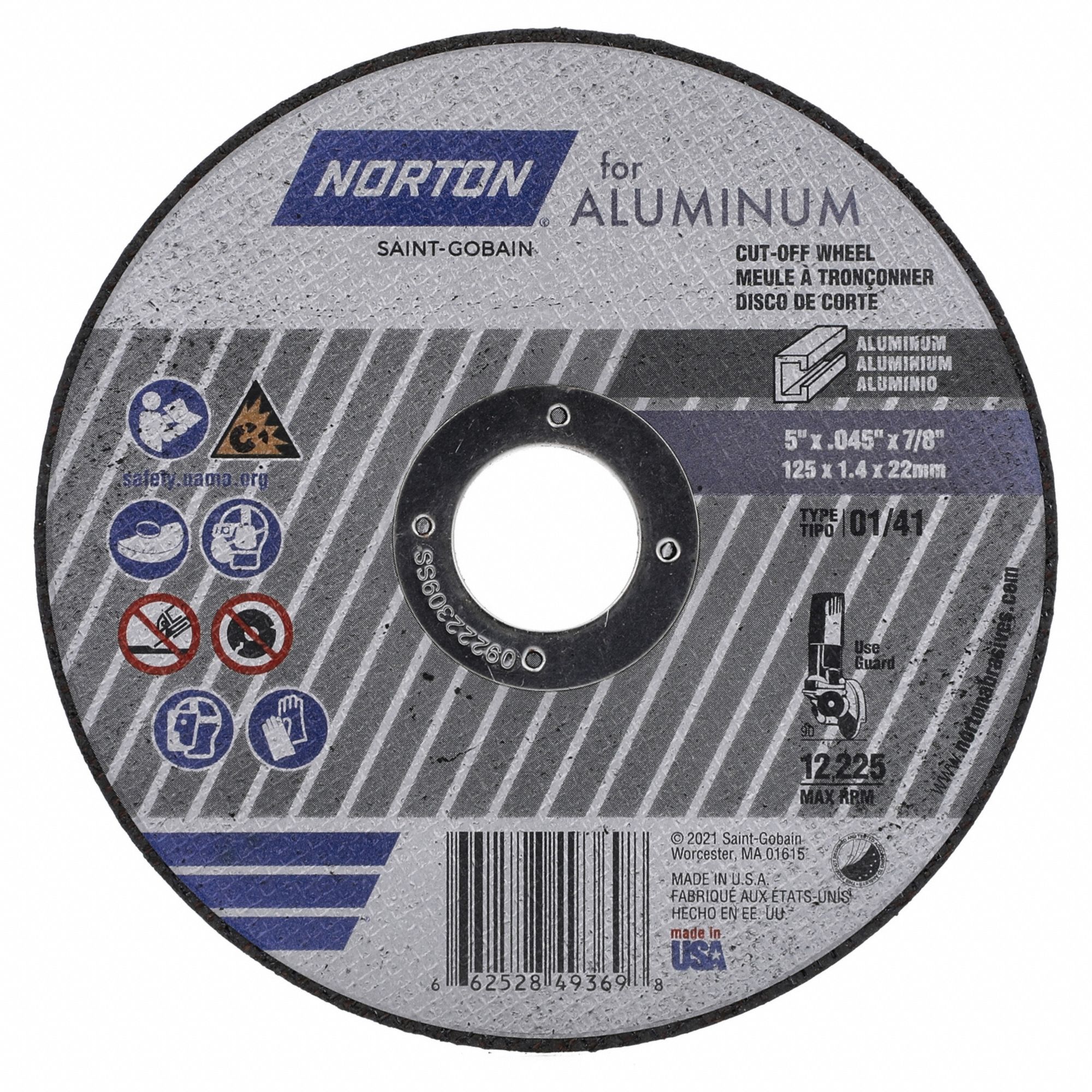 Cut-Off Wheel: Type 1, 5" x 0.045" x 7/8", Aluminum Oxide, 36 Grit, Norton for Aluminum