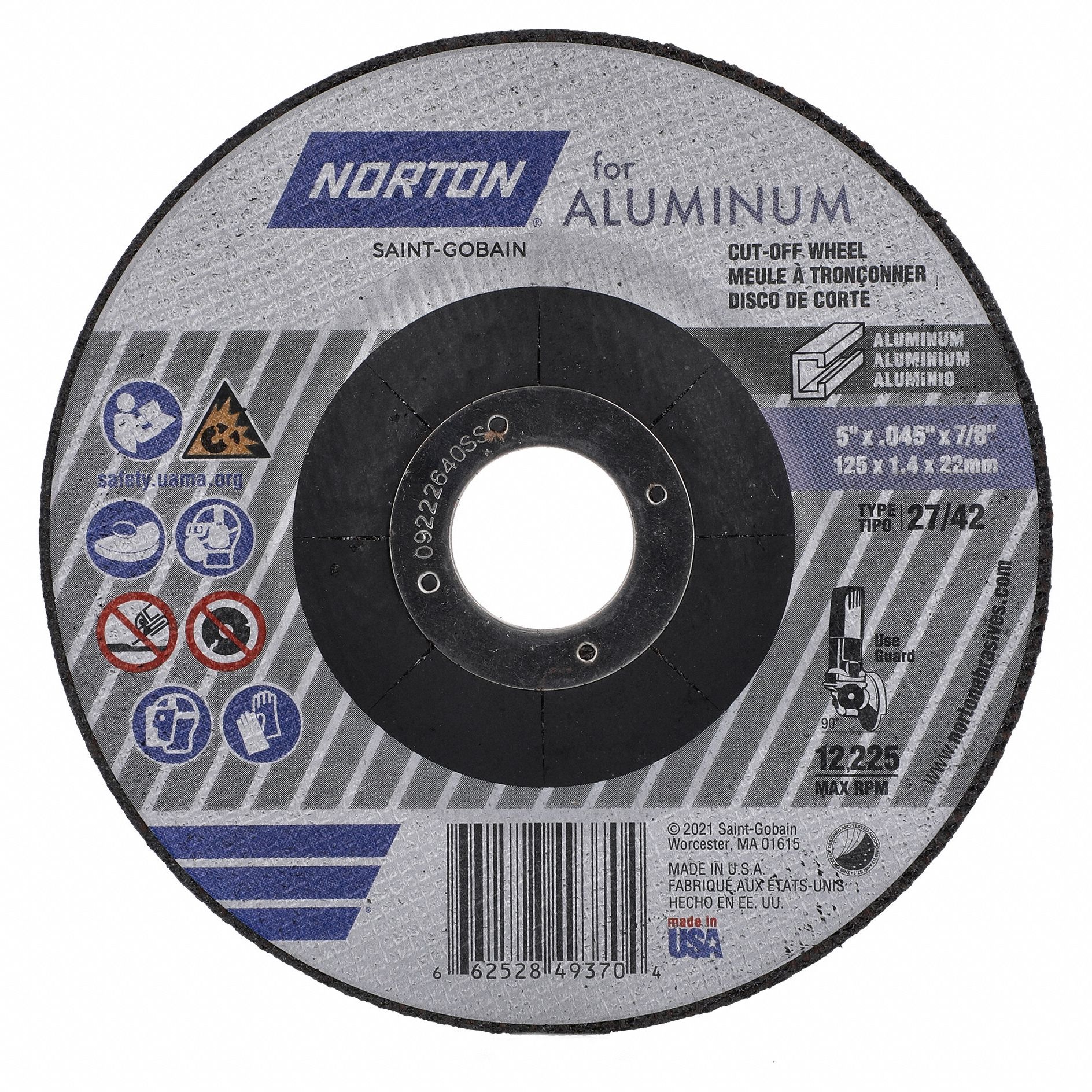 Depressed Center Wheel: Type 27, 5" x 0.045" x 7/8", Aluminum Oxide, 36 Grit