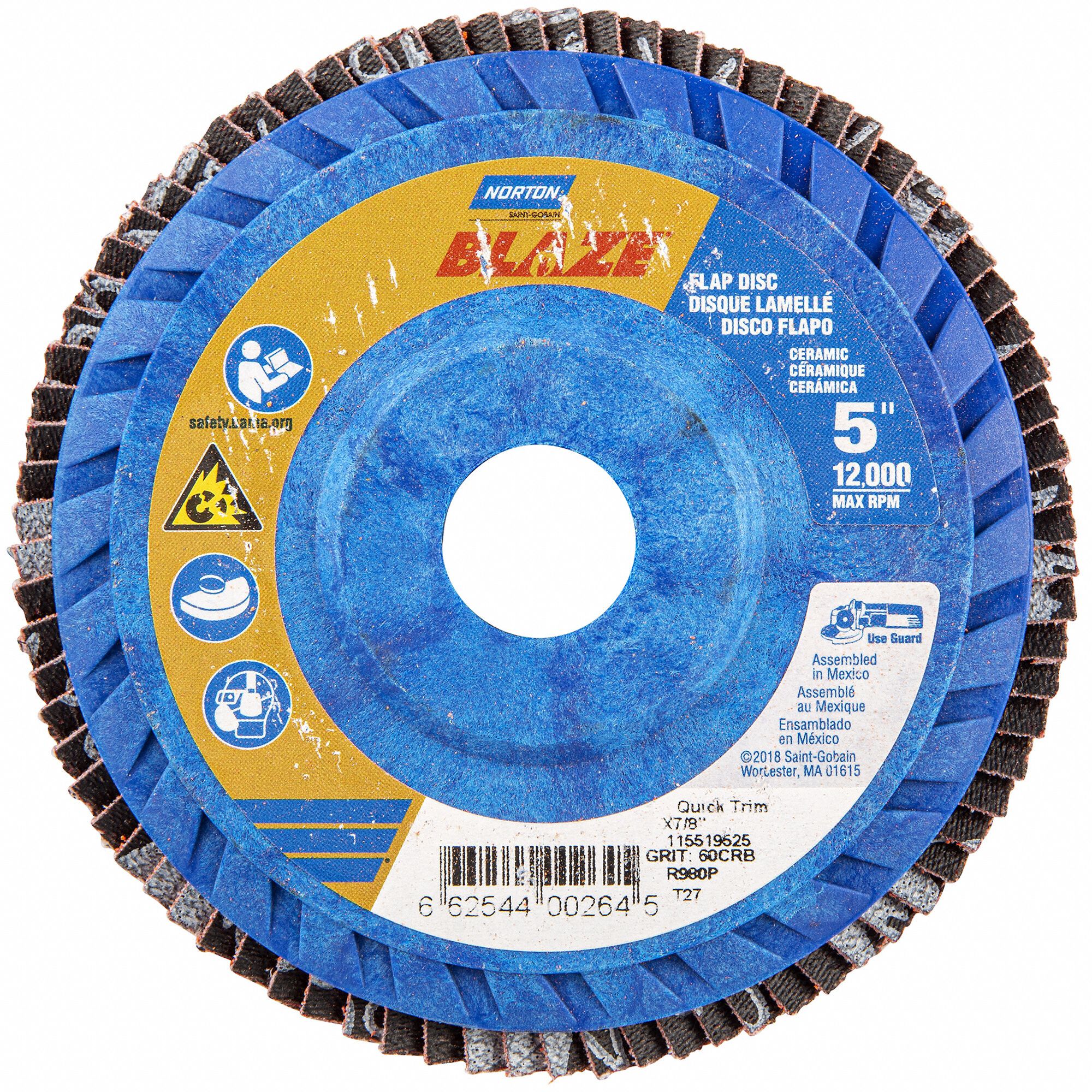 Flap Disc: Type 27, 5" x 7/8", Ceramic, 60 Grit, Plastic Bk, Std Density, Blaze R980P