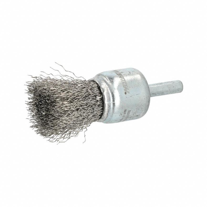 End Brush: Crimped Stainless Steel, 1 in Dia, 0.012 in Fill Dia, 1/4 in Shank
