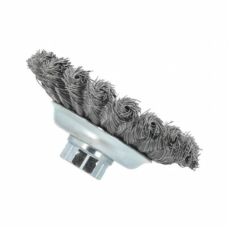 Wire Wheel Brush: Twisted Steel, 4 1/2" Dia x 3/8" Wd, 5/8"-11 Arbor, 0.02" Fill