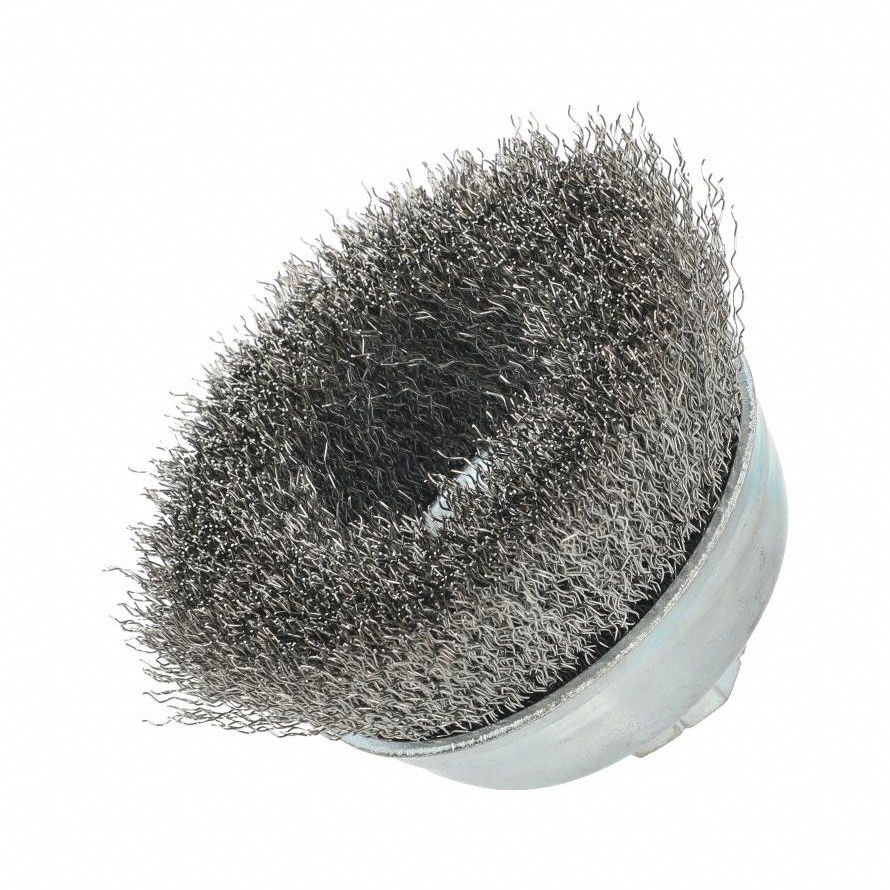 Cup Brush: Crimped Stainless Steel, 3 1/2 in Dia, 0.012 in Fill Dia, 5/8"-11 Arbor