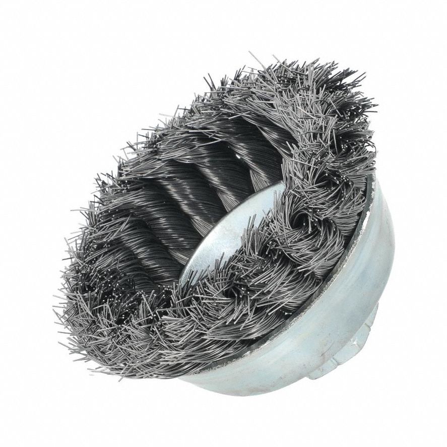 Cup Brush: Twisted Steel, 3 1/2 in Dia, 0.014 in Fill Dia, 5/8"-11 Arbor
