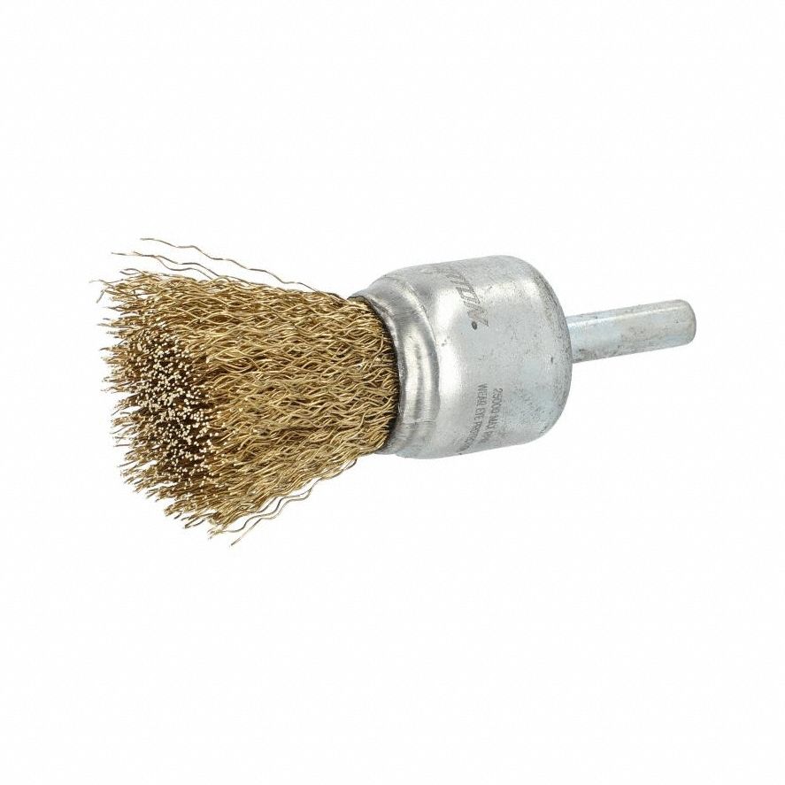 End Brush: Crimped Brass, 1 in Dia, 0.012 in Fill Dia, 1/4 in Shank