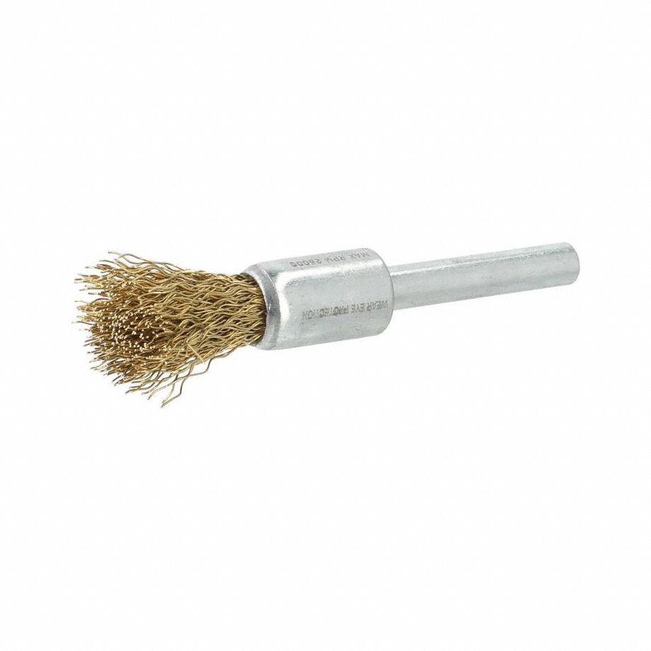 End Brush: Crimped Brass, 1/2 in Dia, 0.012 in Fill Dia, 1/4 in Shank