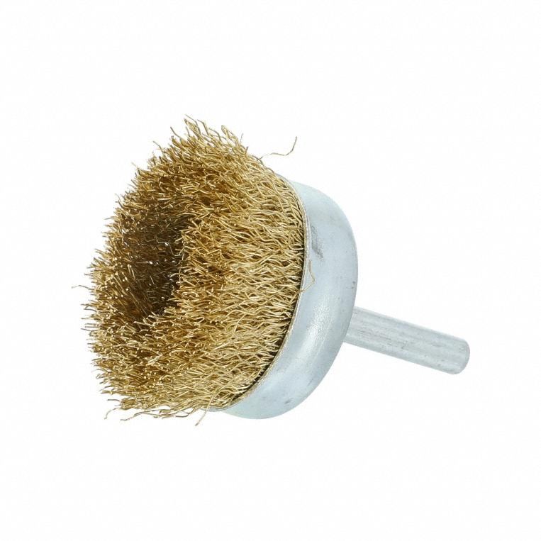 Cup Brush: Crimped Brass, 1 3/4 in Brush Dia, 1/4 in Shank, 0.012 in Fill Dia